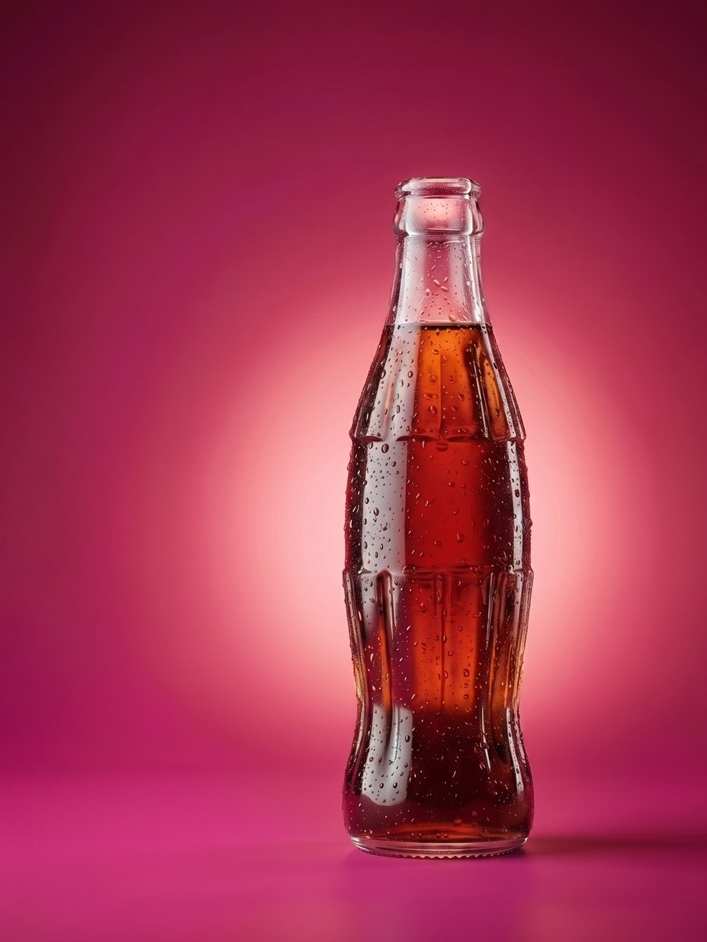 A chilled bottle of cola sweetened with TomorrowSweet™ on a pink field