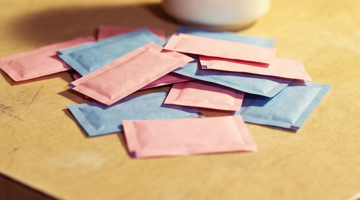 Sweetener packets scattered on a diner tabletop
