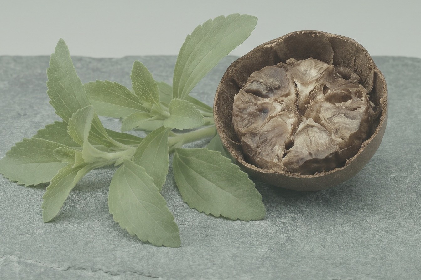 Stevia leaves and a halved monk fruit on grey stone